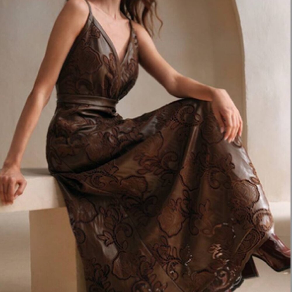ONLY 1 LEFT! NWOT - Embroidered Dark Brown Leather Dress - Picture 3 of 10
